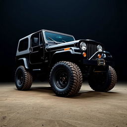 A dark background featuring a 1978 black Jeep CJ5 in an off-road setting