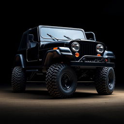 A dark background featuring a 1978 black Jeep CJ5 in an off-road setting