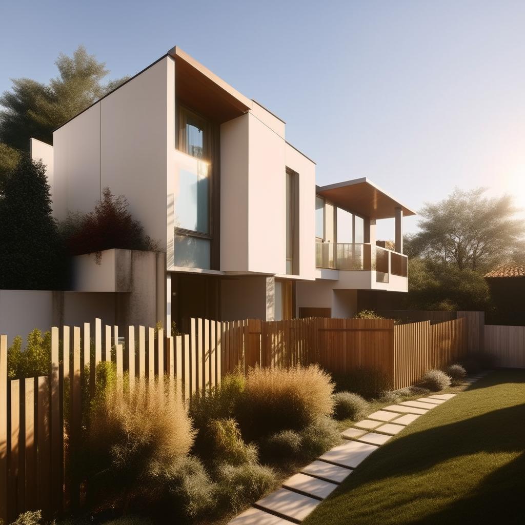 A modern duplex with elegant architecture with a spacious garden surrounded by a picket fence on a sunny day.