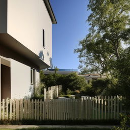 A modern duplex with elegant architecture with a spacious garden surrounded by a picket fence on a sunny day.