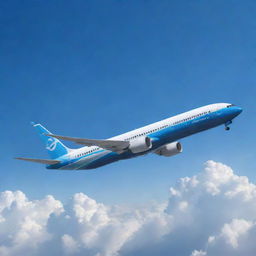 Generate a highly detailed and realistic image of a Boeing airliner majestically soaring through a clear blue sky flanked by fluffy clouds