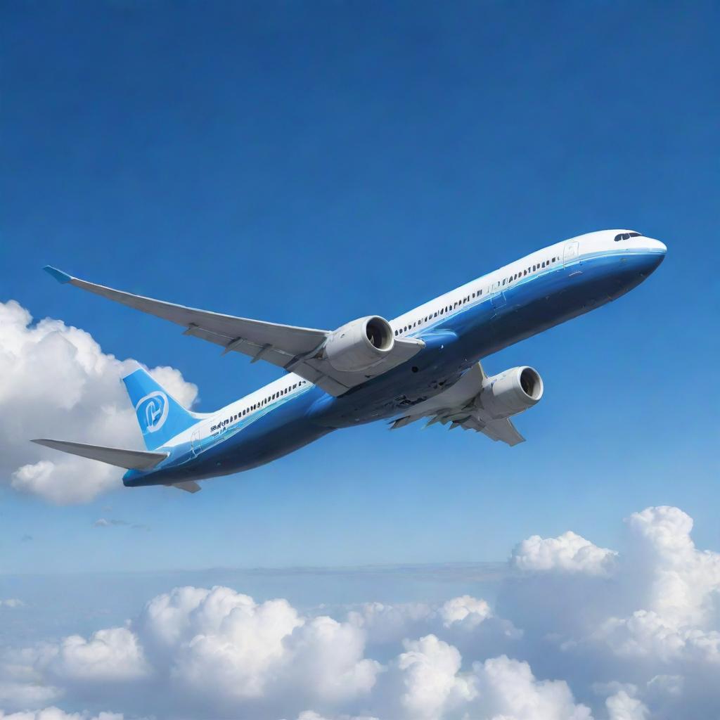 Generate a highly detailed and realistic image of a Boeing airliner majestically soaring through a clear blue sky flanked by fluffy clouds