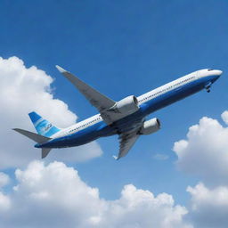 Generate a highly detailed and realistic image of a Boeing airliner majestically soaring through a clear blue sky flanked by fluffy clouds