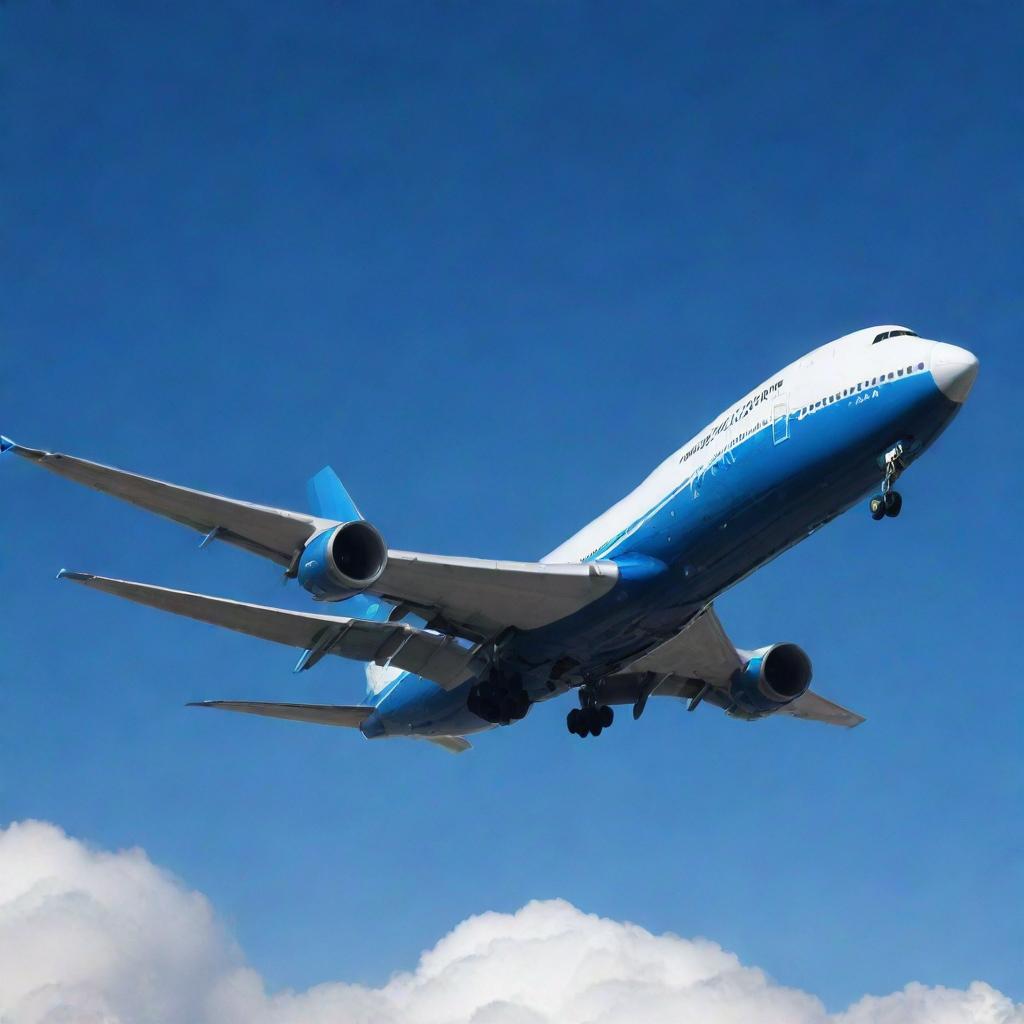 Depict a grand and accurate image of the largest Boeing plane, the Boeing 747-8, as it majestically soars through an azure sky, making an impressive spectacle