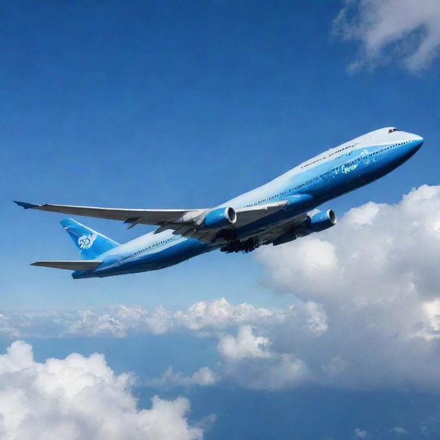 Depict a grand and accurate image of the largest Boeing plane, the Boeing 747-8, as it majestically soars through an azure sky, making an impressive spectacle