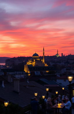 A picturesque view of Istanbul, Türkiye during sunset, showcasing the stunning silhouette of the Hagia Sophia and the Blue Mosque with vibrant orange and pink hues in the sky
