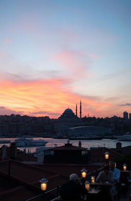 A picturesque view of Istanbul, Türkiye during sunset, showcasing the stunning silhouette of the Hagia Sophia and the Blue Mosque with vibrant orange and pink hues in the sky