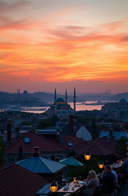 A picturesque view of Istanbul, Türkiye during sunset, showcasing the stunning silhouette of the Hagia Sophia and the Blue Mosque with vibrant orange and pink hues in the sky