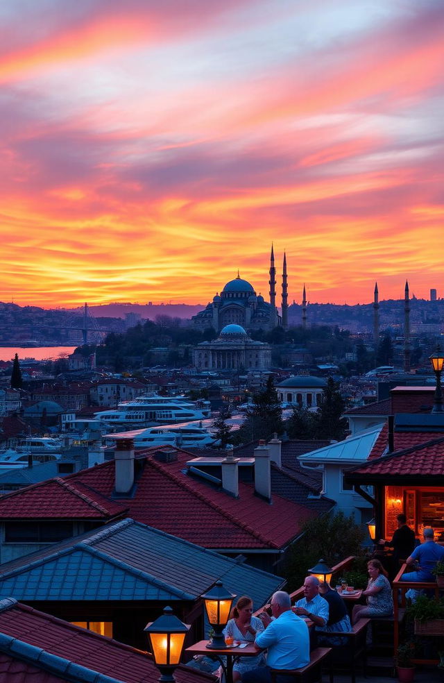 A picturesque view of Istanbul, Türkiye during sunset, showcasing the stunning silhouette of the Hagia Sophia and the Blue Mosque with vibrant orange and pink hues in the sky