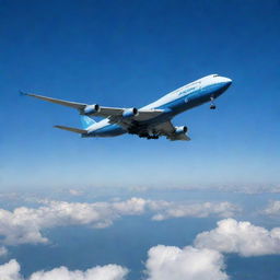 Depict a grand and accurate image of the largest Boeing plane, the Boeing 747-8, as it majestically soars through an azure sky, making an impressive spectacle