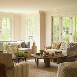 A well-furnished living room with a comfortable cozy vibe, highlighting pleasing colors and natural lighting.