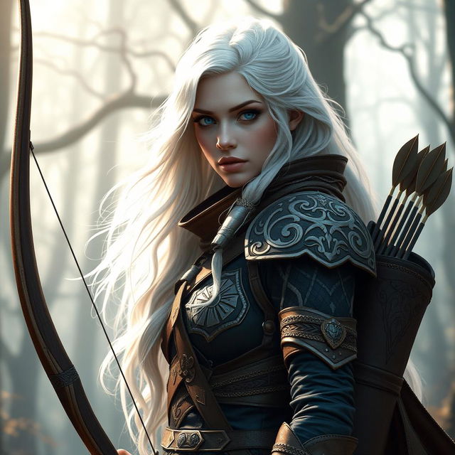 A female aasimar hunter, depicted as a fierce and agile warrior with celestial traits