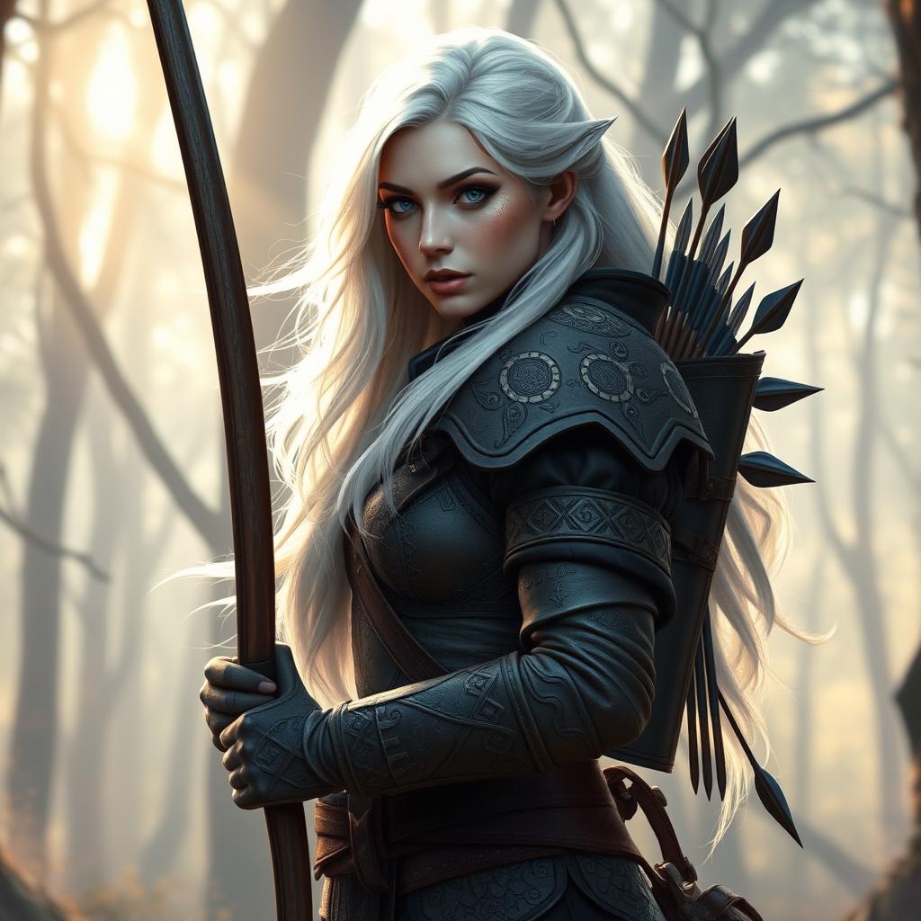 A female aasimar hunter, depicted as a fierce and agile warrior with celestial traits