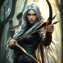 A female aasimar hunter, depicted as a fierce and agile warrior with celestial traits