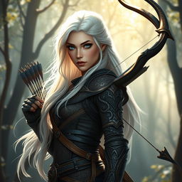 A female aasimar hunter, depicted as a fierce and agile warrior with celestial traits