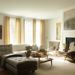 A well-furnished living room with a comfortable cozy vibe, highlighting pleasing colors and natural lighting.