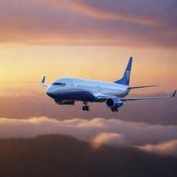 Render an accurate image of Boeing's smallest commercial jet, the Boeing 737, taking off into a picturesque sunset. Highlight its compact yet efficient design