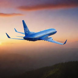 Render an accurate image of Boeing's smallest commercial jet, the Boeing 737, taking off into a picturesque sunset. Highlight its compact yet efficient design