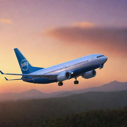 Render an accurate image of Boeing's smallest commercial jet, the Boeing 737, taking off into a picturesque sunset. Highlight its compact yet efficient design