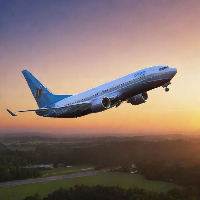 Render an accurate image of Boeing's smallest commercial jet, the Boeing 737, taking off into a picturesque sunset. Highlight its compact yet efficient design