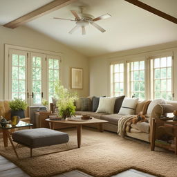 A well-furnished living room with a comfortable cozy vibe, highlighting pleasing colors and natural lighting.