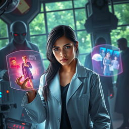 A powerful and emotional scene depicting a young scientist, Maya, in a futuristic laboratory surrounded by advanced technology that resembles a blend between organic and mechanical aesthetics