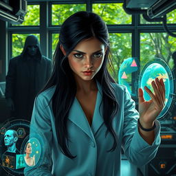 A powerful and emotional scene depicting a young scientist, Maya, in a futuristic laboratory surrounded by advanced technology that resembles a blend between organic and mechanical aesthetics