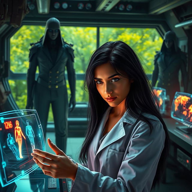 A powerful and emotional scene depicting a young scientist, Maya, in a futuristic laboratory surrounded by advanced technology that resembles a blend between organic and mechanical aesthetics