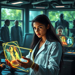 A powerful and emotional scene depicting a young scientist, Maya, in a futuristic laboratory surrounded by advanced technology that resembles a blend between organic and mechanical aesthetics
