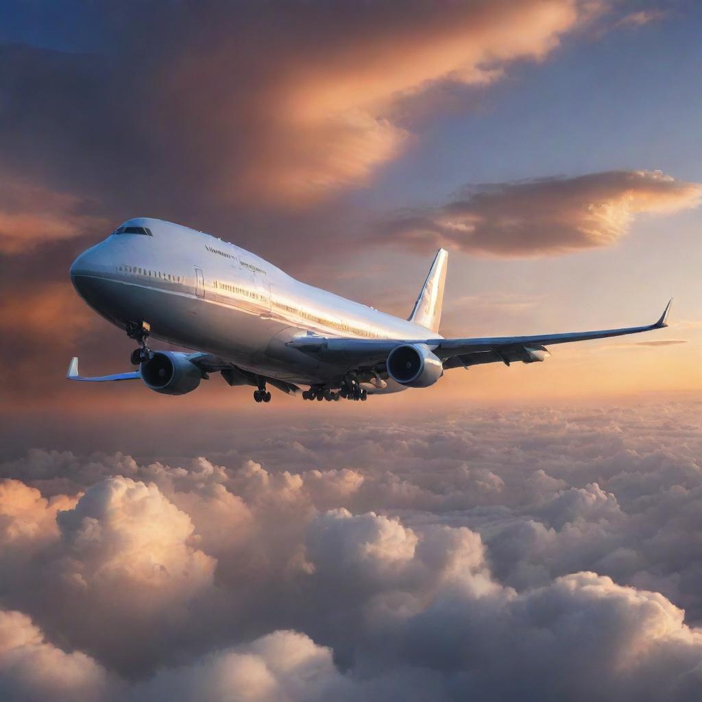 Illustrate an image of the longest Boeing airliner, the Boeing 747-8, flying amidst spectacular clouds at sunset. The plane should be shown to depict its scale and the fine details of its design