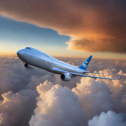 Illustrate an image of the longest Boeing airliner, the Boeing 747-8, flying amidst spectacular clouds at sunset. The plane should be shown to depict its scale and the fine details of its design