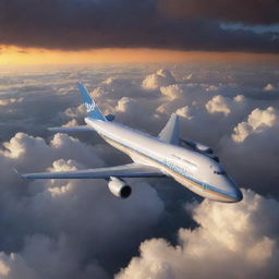 Illustrate an image of the longest Boeing airliner, the Boeing 747-8, flying amidst spectacular clouds at sunset. The plane should be shown to depict its scale and the fine details of its design