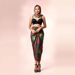 An Indonesian woman elegantly styled, wearing a beautifully patterned hijab and adorned in a black bra complemented by a colorful batik sarong