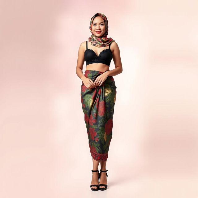 An Indonesian woman elegantly styled, wearing a beautifully patterned hijab and adorned in a black bra complemented by a colorful batik sarong