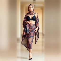 An Indonesian woman elegantly styled, wearing a beautifully patterned hijab and adorned in a black bra complemented by a colorful batik sarong