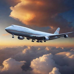 Illustrate an image of the longest Boeing airliner, the Boeing 747-8, flying amidst spectacular clouds at sunset. The plane should be shown to depict its scale and the fine details of its design