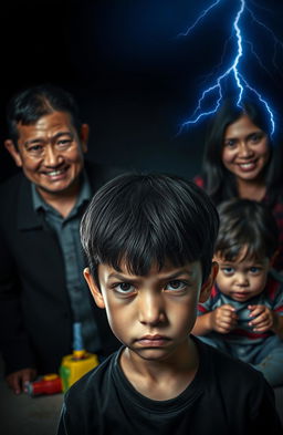 A dark scene featuring a black background with a hint of blue at the top, emphasizing an intense atmosphere