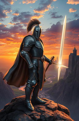 A fantasy knight standing confidently on a rocky cliff overlooking a mystical realm