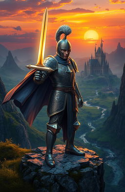 A fantasy knight standing confidently on a rocky cliff overlooking a mystical realm
