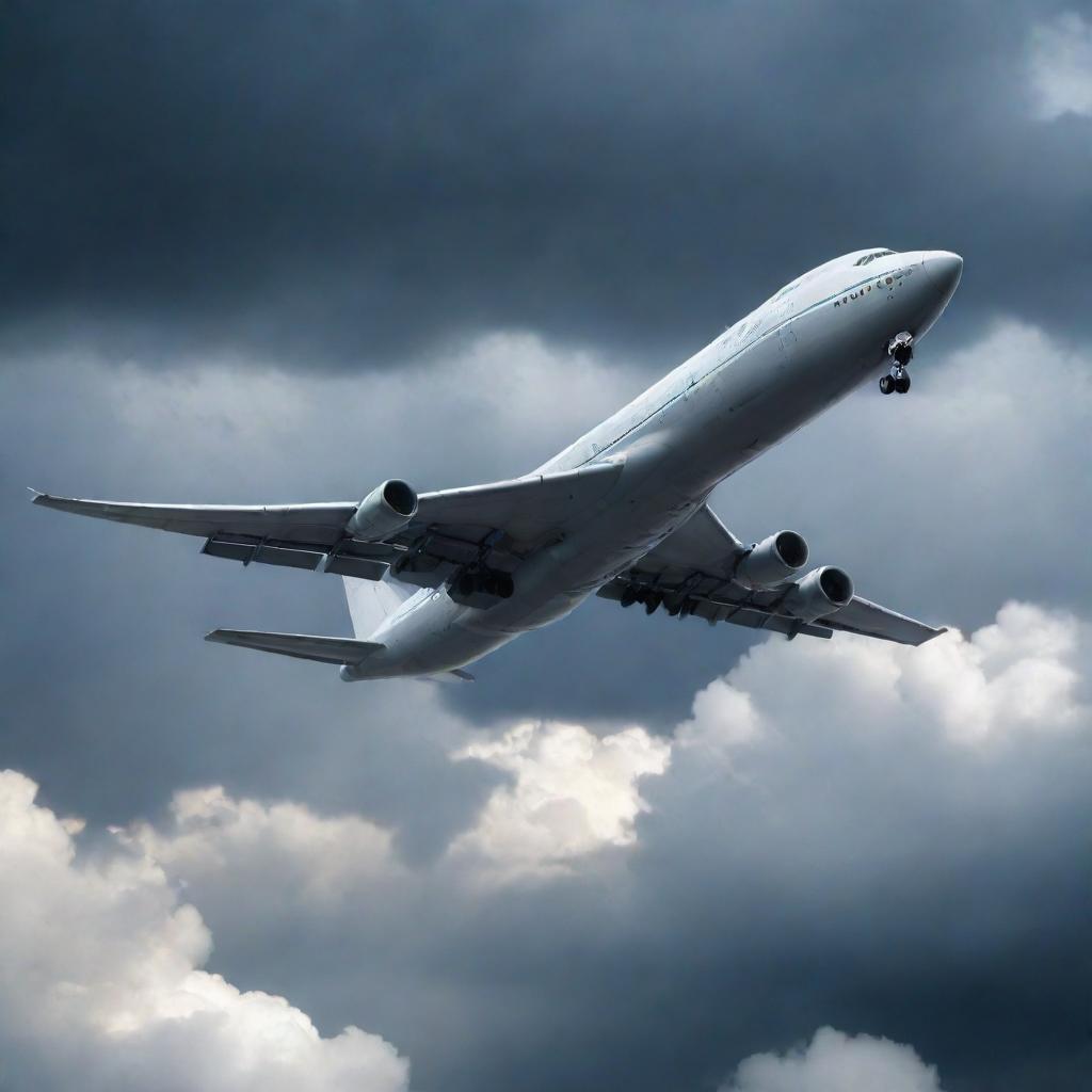 Create a realistic image of a colossal cargo plane mid-flight against a dramatic sky. The focus is on the large-holding capacity of the plane and its heavy-duty design