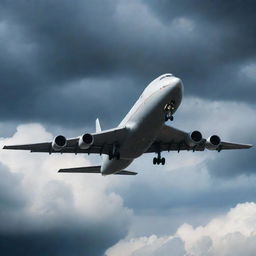 Create a realistic image of a colossal cargo plane mid-flight against a dramatic sky. The focus is on the large-holding capacity of the plane and its heavy-duty design