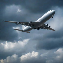 Create a realistic image of a colossal cargo plane mid-flight against a dramatic sky. The focus is on the large-holding capacity of the plane and its heavy-duty design