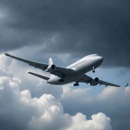 Create a realistic image of a colossal cargo plane mid-flight against a dramatic sky. The focus is on the large-holding capacity of the plane and its heavy-duty design