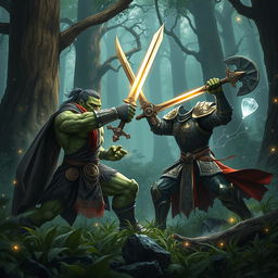 An epic battle scene featuring a valiant fantasy knight engaging in combat with a fierce orc in a mystical forest setting