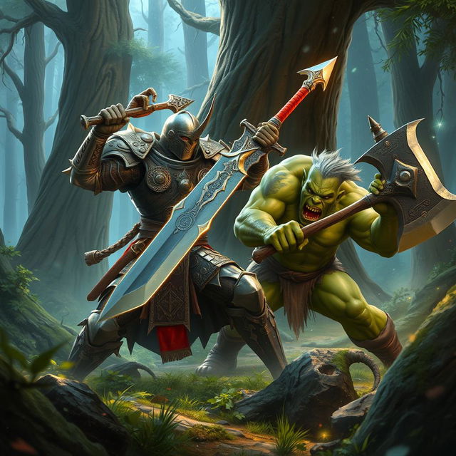 An epic battle scene featuring a valiant fantasy knight engaging in combat with a fierce orc in a mystical forest setting