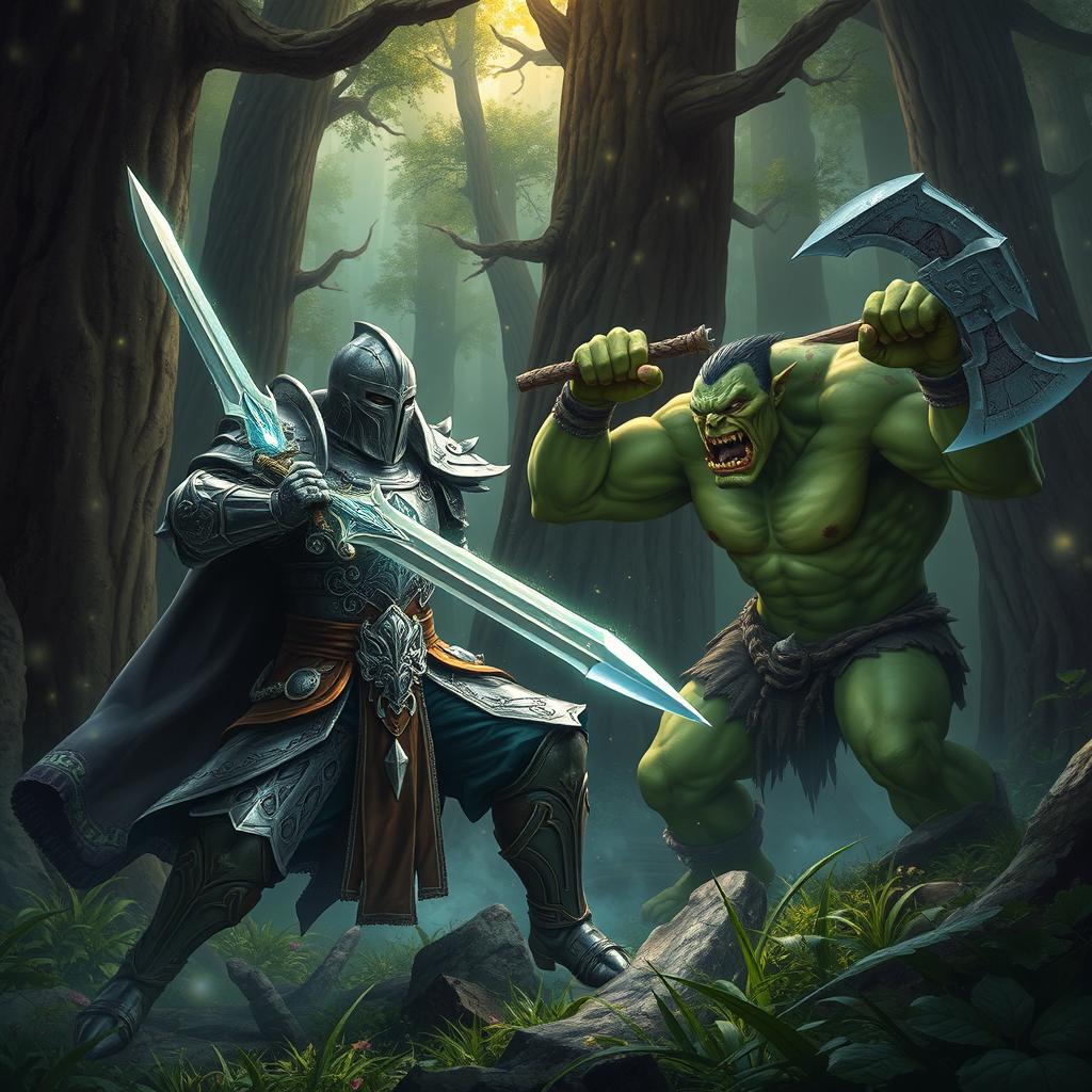 An epic battle scene featuring a valiant fantasy knight engaging in combat with a fierce orc in a mystical forest setting