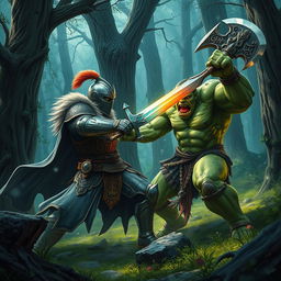 An epic battle scene featuring a valiant fantasy knight engaging in combat with a fierce orc in a mystical forest setting