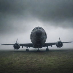 Generate a dark and spooky image of an abandoned airplane, shrouded in tattered, ghostly mists, visually representing a 'cursed' plane. The plane stands alone in a desolate airfield under a gloomy, stormy sky