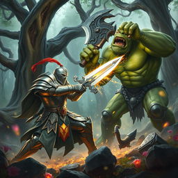 An intense battle scene depicting a fantasy knight locked in combat with a fearsome orc in an enchanted forest