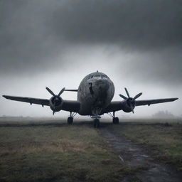 Generate a dark and spooky image of an abandoned airplane, shrouded in tattered, ghostly mists, visually representing a 'cursed' plane. The plane stands alone in a desolate airfield under a gloomy, stormy sky